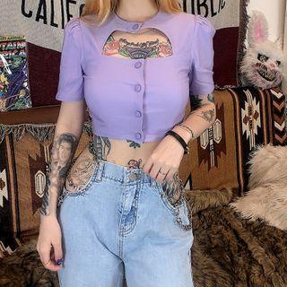 Short-sleeve Buttoned Cutout Crop Top