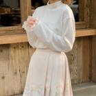 Long-sleeve Mock-neck Top / Pleated Skirt