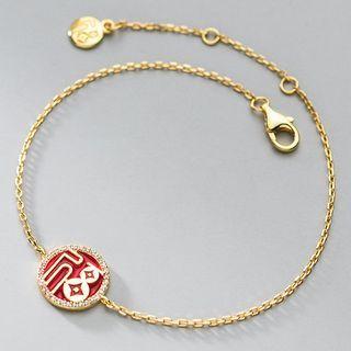 Chinese Characters Rhinestone Sterling Silver Bracelet S925 Silver - Gold - One Size