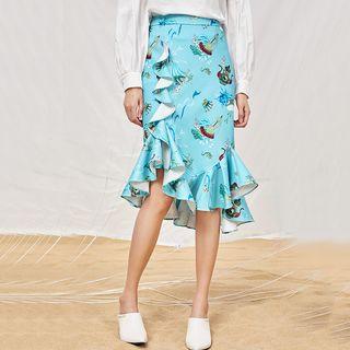 Ruffle-hem Printed Fitted Skirt