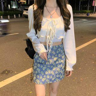 Cropped Blouse / Camisole Top / Floral Print Mini Skirt / Set