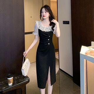 Puff-sleeve Ruffle Midi Sheath Dress