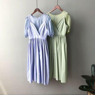 Set: Puff-sleeve Top + Spaghetti Strap Midi Dress