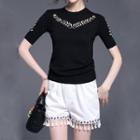 Set: Embroidered Short-sleeve Knit Top + Tasseled Shorts