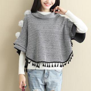 Pompom Elbow-sleeve Turtleneck Top