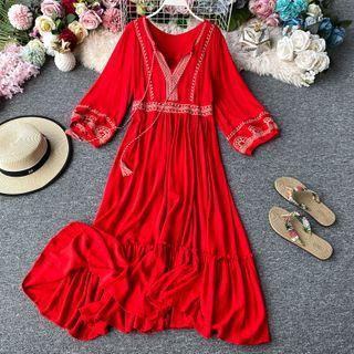 Elbow-sleeve Embroidered Midi A-line Dress Red - One Size