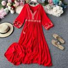 Elbow-sleeve Embroidered Midi A-line Dress Red - One Size