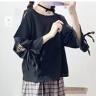 Lace Panel Blouse / Lace-up Plaid A-line Skirt