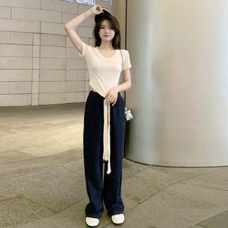 Short-sleeve Tie-waist T-shirt / Wide Leg Pants