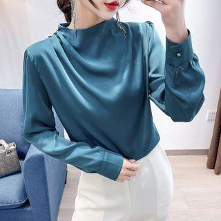 Long Sleeve Mock Neck Draped Satin Top
