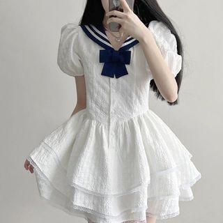 Puff-sleeve Sailor Collar Tiered Mini Corset Dress