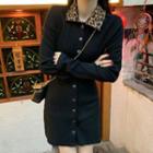Long-sleeve Leopard Print Collar Knit Mini Sheath Dress Black - One Size