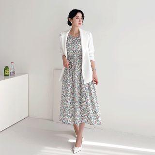 Band-waist Floral Print Dress Ivory - One Size