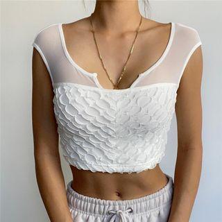 Cap-sleeve Mesh Panel Crop Top