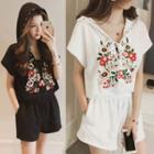 Short-sleeve Floral Print Hoodie / Shorts / Camisole Top / Set