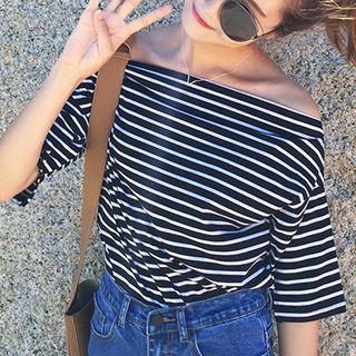 Off-shoulder Stripe Elbow-sleeve T-shirt