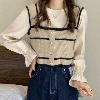 Bell-sleeve Plain Top / Color Block Suspender Knit Vest
