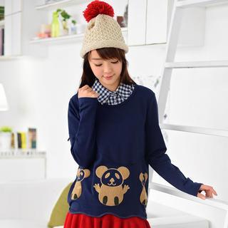Bear Appliqu  Long-sleeve Top Navy Blue - One Size