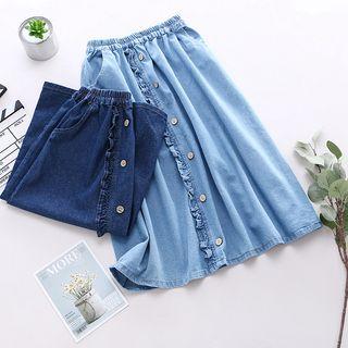 Frill Trim Midi Denim Skirt