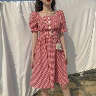 Plaid Square-neck Puff-sleeve A-line Dress As Shown In Figure - One Size