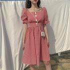 Plaid Square-neck Puff-sleeve A-line Dress As Shown In Figure - One Size