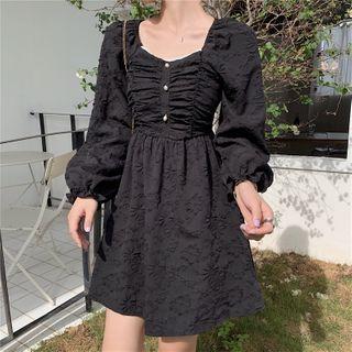 Shirred Long-sleeve Mini A-line Dress