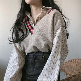 Letter Knit Vest / Striped Long-sleeve Shirt