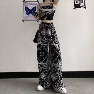 Strapless Paisley Print Top / High Waist Wide Leg Pants