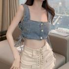 Spaghetti-strap Lace-up Side Denim Cropped Top As Shown In Figure - One Size