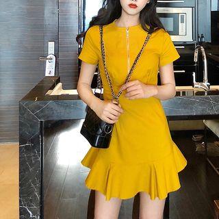 Short-sleeve Zip A-line Ruffle Hem Dress