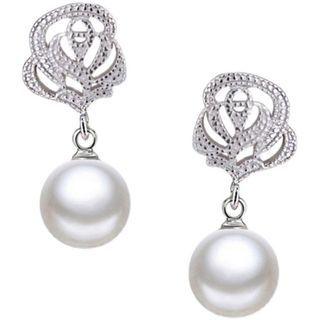 Rose Rhinestone Faux Pearl Dangle Earring 1 Pair - Silver - One Size