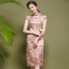 Short-sleeve Crane Print Midi Qipao Dress