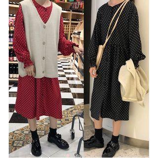 Buttoned Knit Vest/ Long-sleeve Dotted Midi Shirtdress