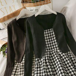 Set: Houndstooth Sleeveless Dress + Light Knit Cardigan