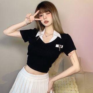 Short-sleeve V-neck Embellished Crop Top