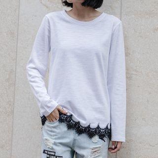 Long-sleeve Lace-hem T-shirt