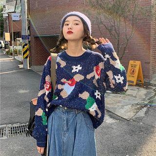 Print Crewneck Long-sleeve Sweater Dark Blue - One Size