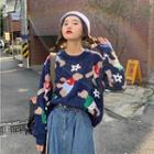Print Crewneck Long-sleeve Sweater Dark Blue - One Size