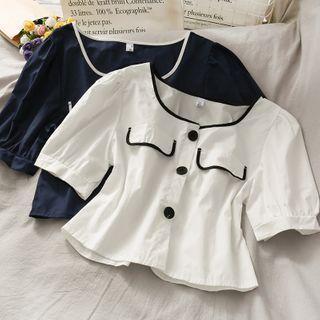 Contrasted Puff-sleeve Crop Blouse