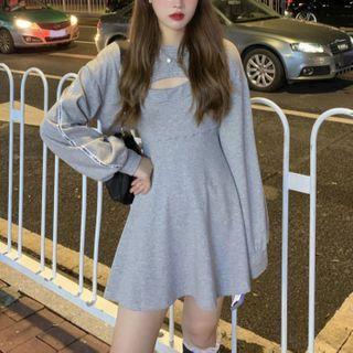 Puff-sleeve Cropped Top / Spaghetti Strap A-line Dress