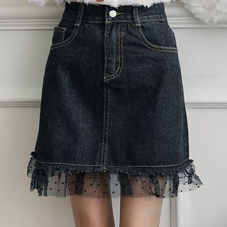 Mesh-hem Mini Denim Skirt
