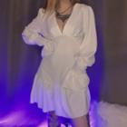 V-neck Lantern-sleeve Ruffled A-line Dress