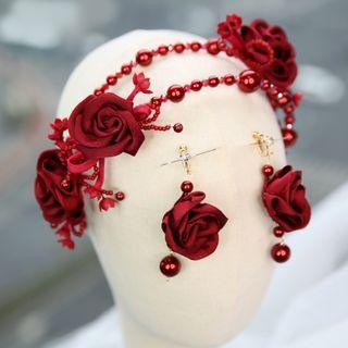 Set: Rose Headband + Clip-on Earring Set - Red - One Size