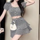Puff-sleeve Patterned Crop Blouse / A-line Layered Skirt