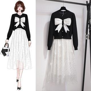 Set: Bow Cardigan + Midi A-line Skirt