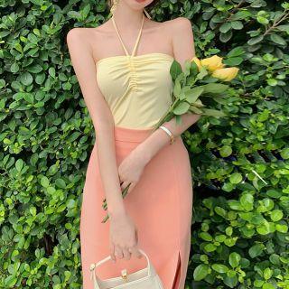 Drawstring Halter Top / Side-slit Midi Pencil Skirt