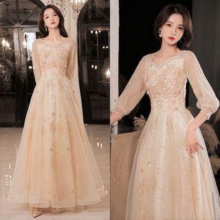 Puff-sleeve Sheer A-line Evening Gown