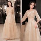 Puff-sleeve Sheer A-line Evening Gown