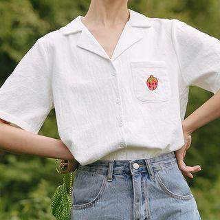 Short-sleeve Embroidered V-neck Shirt White - One Size