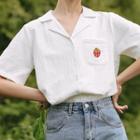 Short-sleeve Embroidered V-neck Shirt White - One Size